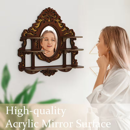 Wall-Mounted Shelf with Mirror, Multi-Functional Crystal Display Organizer, Space-Saving Wooden Wall Décor for Entryway & Bathroom