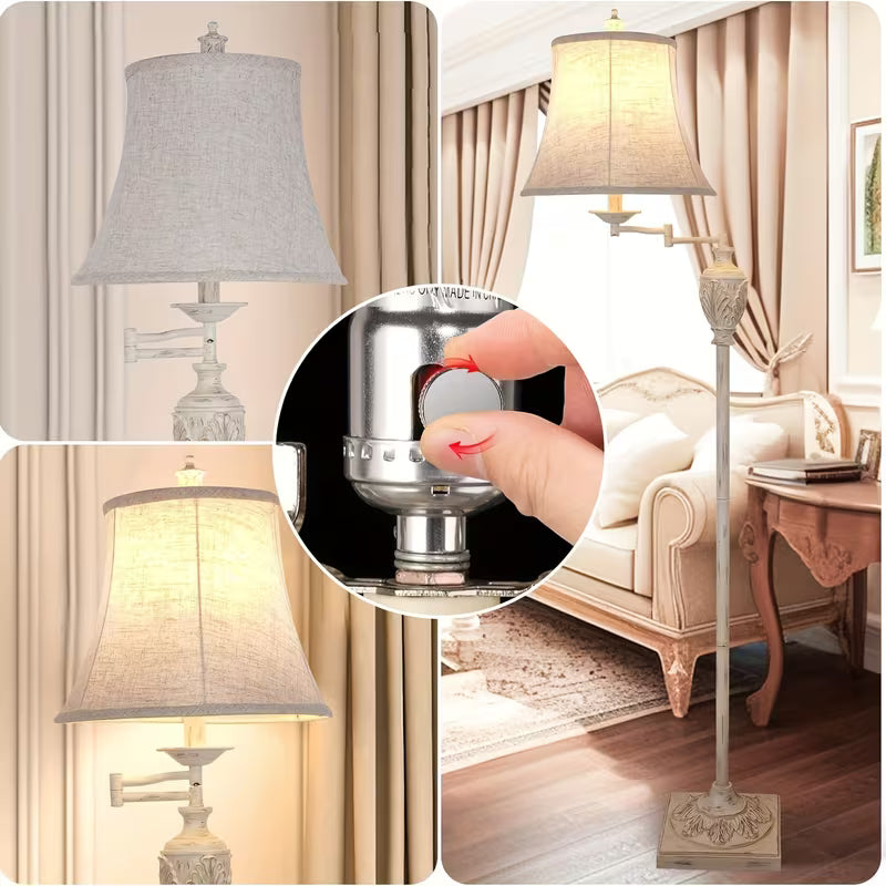 Traditional LED Floor Lamp with 350° Adjustable Swing Arm, Vintage Pole Design & Fabric Lampshade