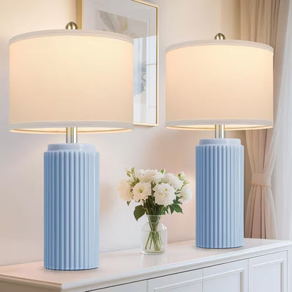 Set of 2 Ceramic Table Lamps with White Linen Shades – Vintage Rustic Bedside Lamps