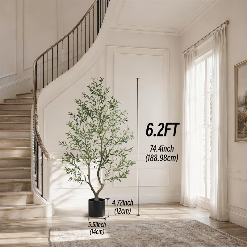 5–8 FT Artificial Olive Tree with White Round Planter – Lifelike Faux Indoor Floor Plant for Home & Office Décor