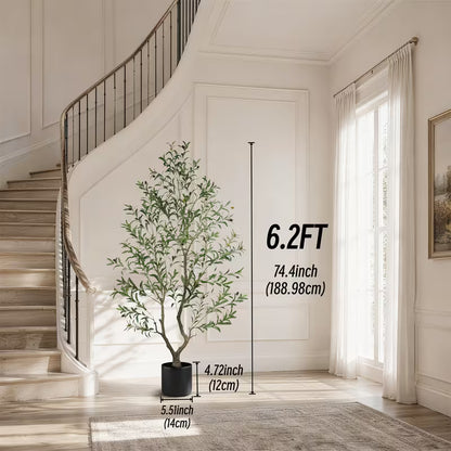5–8 FT Artificial Olive Tree with White Round Planter – Lifelike Faux Indoor Floor Plant for Home & Office Décor