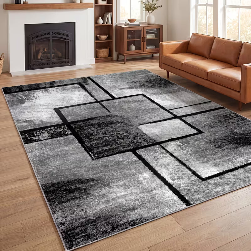 Black and White Geometric Area Rug – Ultra-Soft, Low-Pile, Non-Slip Washable Carpet