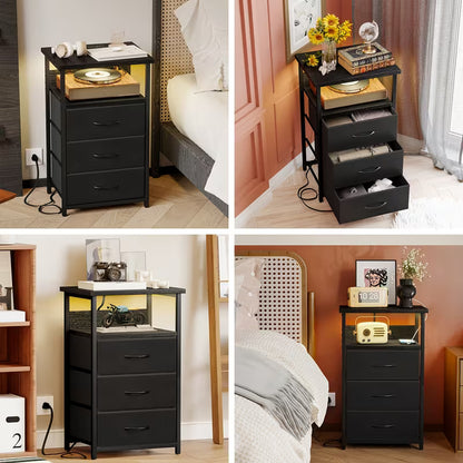 Nightstand with Charging Station, 3 Drawers & Storage Shelf