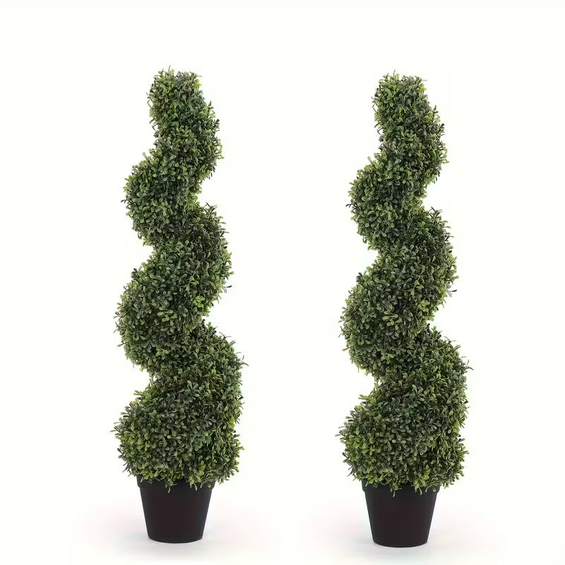 Set of 2 Artificial Boxwood Spiral Topiary Trees – Realistic Green Decorative Plants for Indoor & Outdoor Spaces