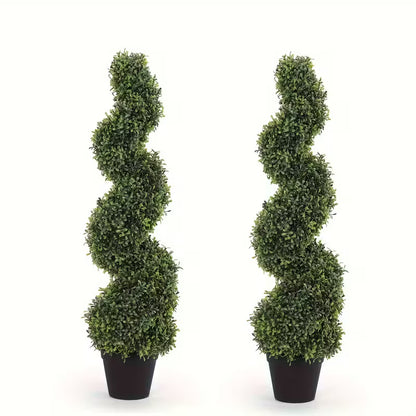 Set of 2 Artificial Boxwood Spiral Topiary Trees – Realistic Green Decorative Plants for Indoor & Outdoor Spaces
