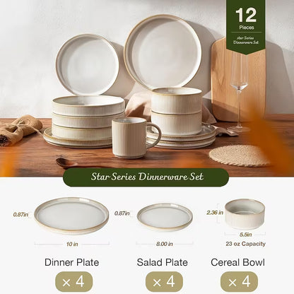 12-Piece Cappuccino White Stoneware Dinnerware Set