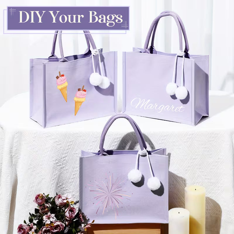 6-Piece Blank Canvas Tote Bag Set with Plush Balls and Handles, DIY Craft Bags for Halloween, Weddings, Bridesmaid Parties, Beach Trips and Everyday Use