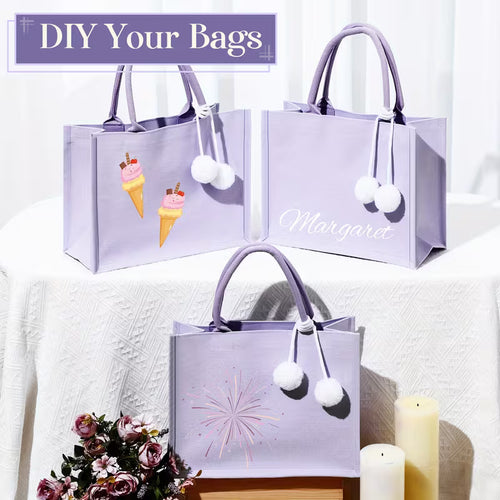 6-Piece Blank Canvas Tote Bag Set with Plush Balls and Handles, DIY Craft Bags for Halloween, Weddings, Bridesmaid Parties, Beach Trips and Everyday Use