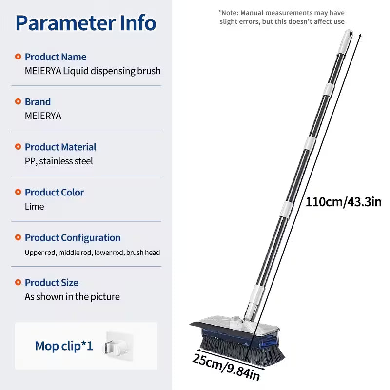 Extendable Long-Handle Floor Scrub Brush with Built-In Liquid Reservoir, Stiff Bristles & Flexible Squeegee for Bathroom, Tile & Floor Cleaning