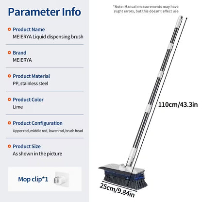 Extendable Long-Handle Floor Scrub Brush with Built-In Liquid Reservoir, Stiff Bristles & Flexible Squeegee for Bathroom, Tile & Floor Cleaning