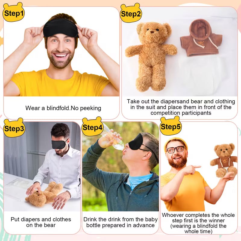 61-Piece Bear Blindfolded Diaper Changing Baby Shower Game Set, Baby Bottle Chug Challenge Kit with Plush Bears, Diapers and Party Accessories for Gender Reveal, Baby Shower and Party Games