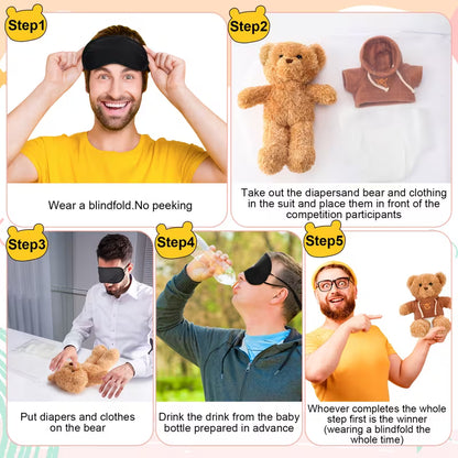 61-Piece Bear Blindfolded Diaper Changing Baby Shower Game Set, Baby Bottle Chug Challenge Kit with Plush Bears, Diapers and Party Accessories for Gender Reveal, Baby Shower and Party Games