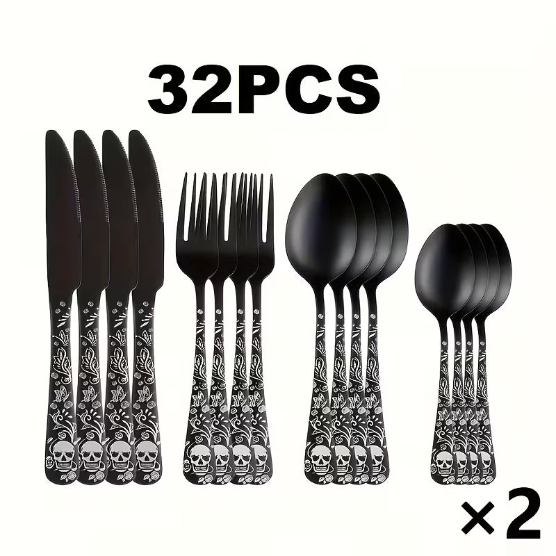 Gothic Skull & Rose Stainless Steel Flatware Set – 16/24-Piece Cutlery Service for 4 or 6