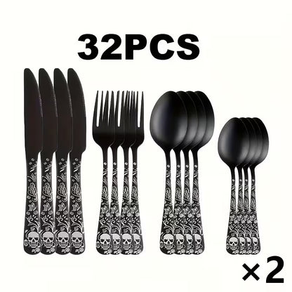 Gothic Skull & Rose Stainless Steel Flatware Set – 16/24-Piece Cutlery Service for 4 or 6