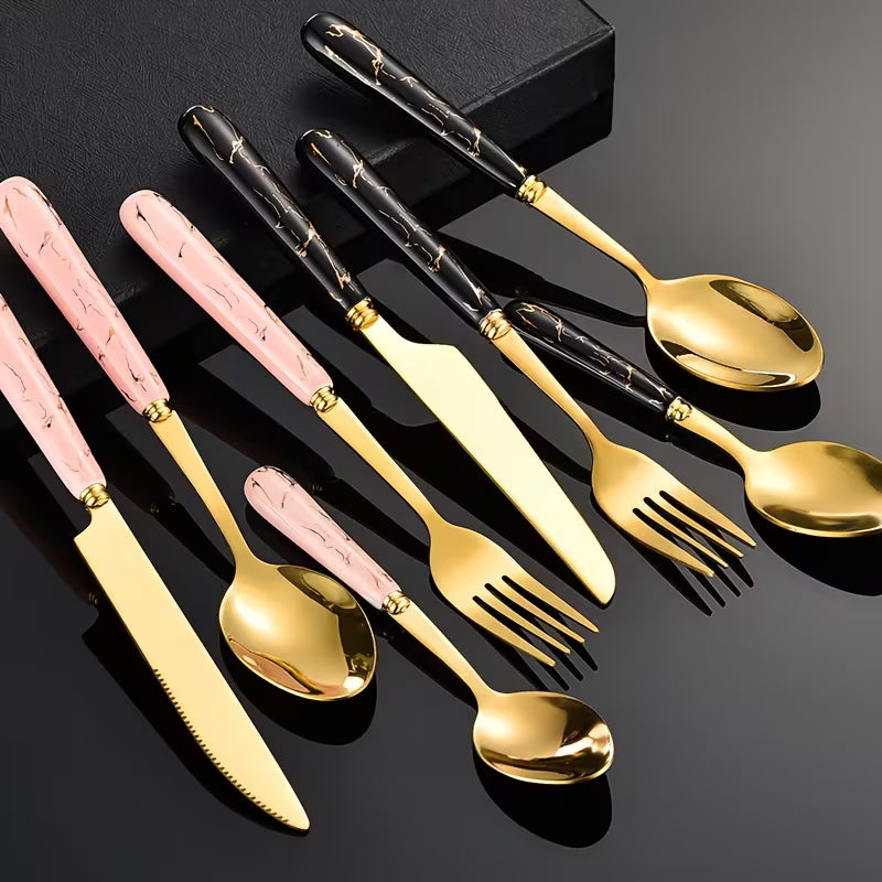 24-Piece Stainless Steel Tableware Set with Short Ceramic Handles – Elegant Dinner Knives & Dessert Spoons for Home, Restaurant & Hotel