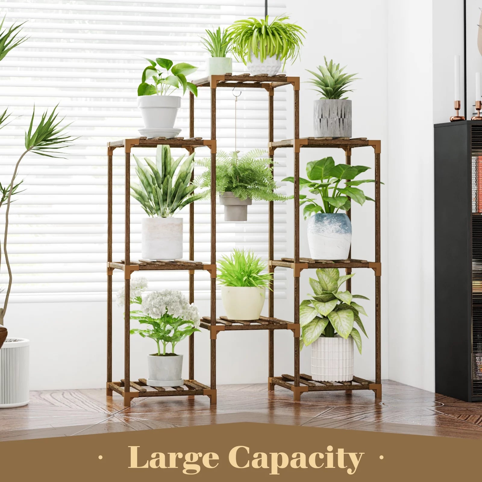 Wood Plant Stand 8 Pots Tiered Plant Shelf Indoor Outdoor Ladder Plant Rack with Hanging Design for Living Room Patio Balcony Garden