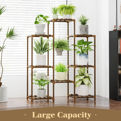 Wood Plant Stand 8 Pots Tiered Plant Shelf Indoor Outdoor Ladder Plant Rack with Hanging Design for Living Room Patio Balcony Garden