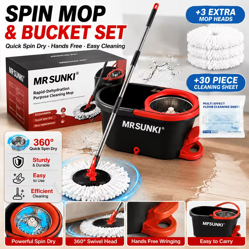 360° Spin Mop and Bucket Cleaning Set with 3 Microfiber Heads, Adjustable 59-Inch Stainless Steel Handle & 30 Disposable Floor Pads