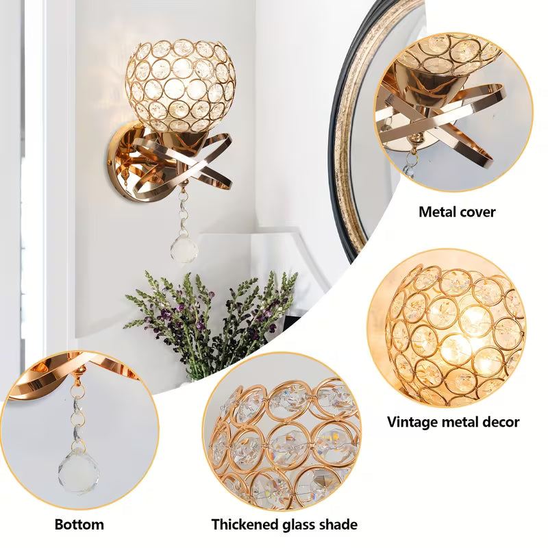 Set of 2 Elegant Gold Crystal Wall Sconces, Modern Hardwired E26 Wall Lights with Bulbs Included for Bedroom, Living Room & Hallway
