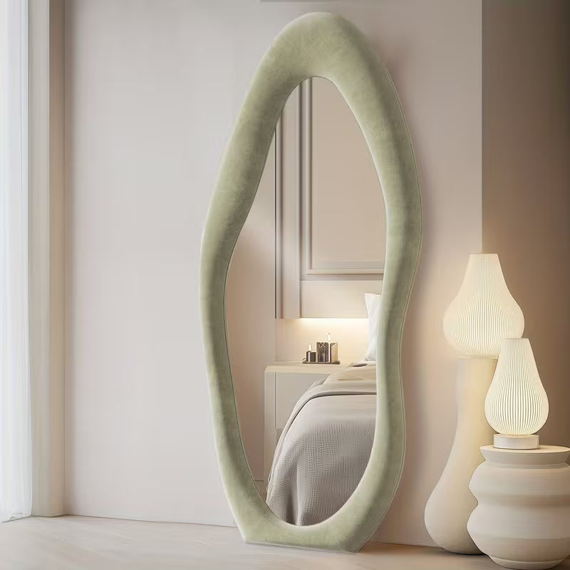 63" x 24" Irregular Full-Length Mirror – Full Body Floor & Wall-Mounted Mirror with Ivory Flannel Frame
