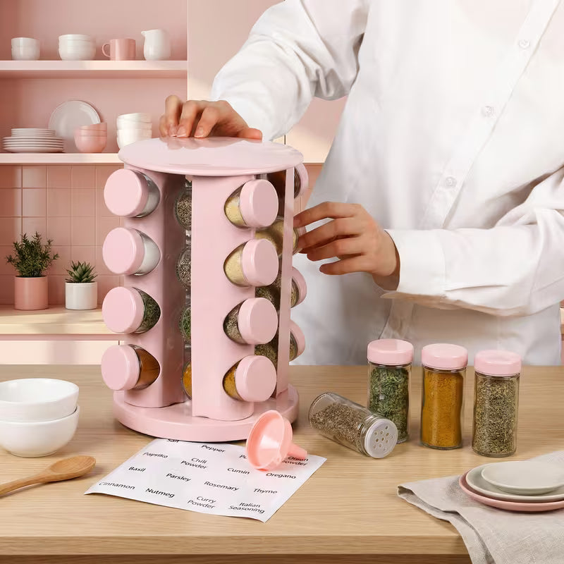 16-Jar Rotating Spice Rack Organizer with Labels & Funnel