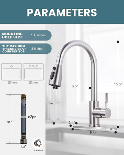 Kitchen Faucet with Sprayer, Kitchen Sink Faucet, SUS 304 Stainless Steel, High Arc Single Handle Brushed Nickel Kitchen Faucets with Pull down Sprayer, Pull Out Kitchen Faucet with Deck Plate