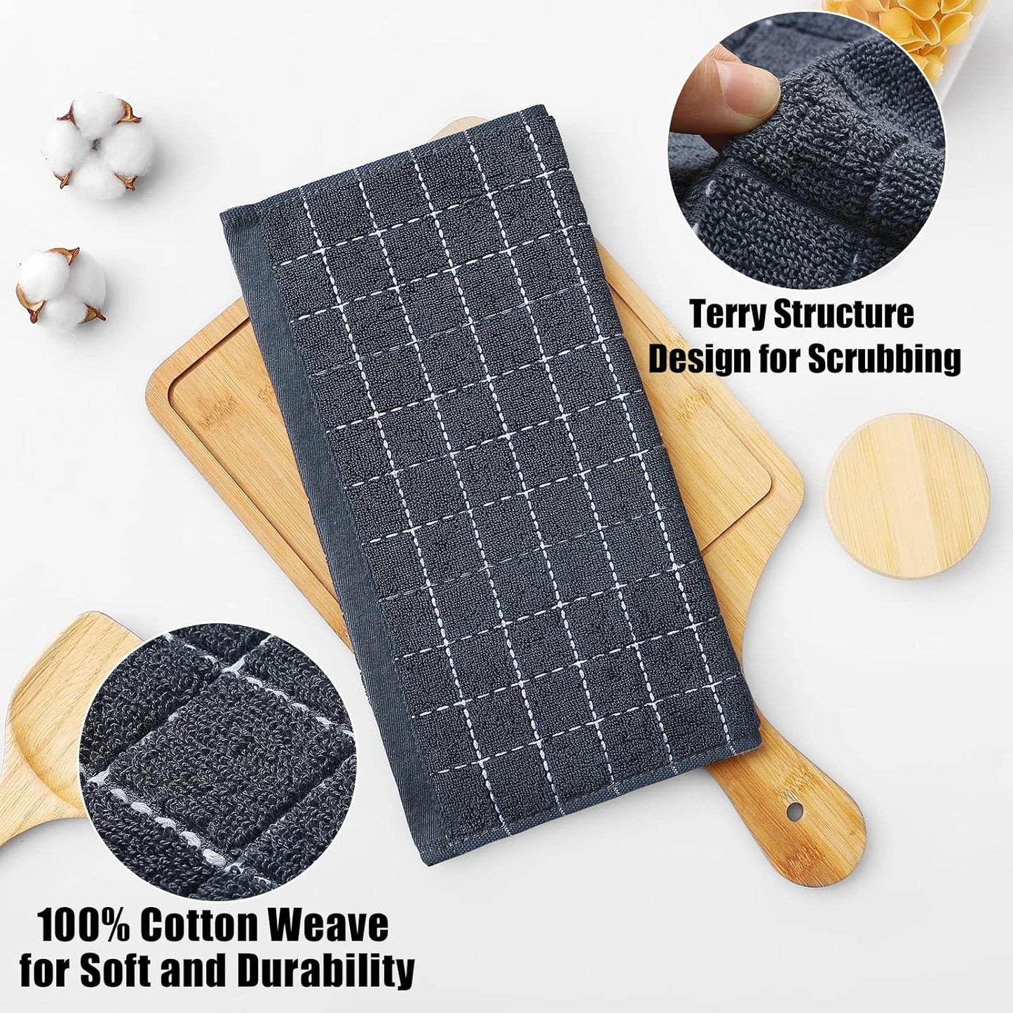 100% Cotton Terry Kitchen Dish Cloths, 6 Pack, Dark Grey