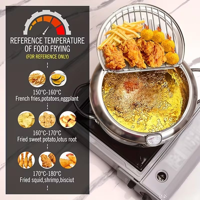 Stainless Steel Japanese Deep Fryer Pan with Thermometer – Induction Compatible Frying Pot for Home Kitchen