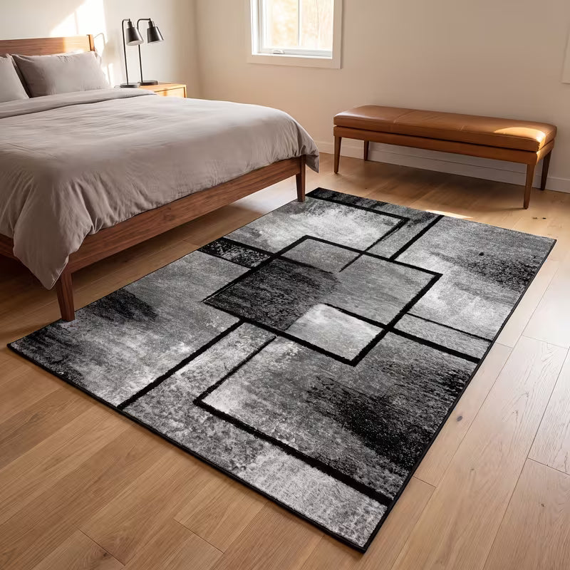 Black and White Geometric Area Rug – Ultra-Soft, Low-Pile, Non-Slip Washable Carpet
