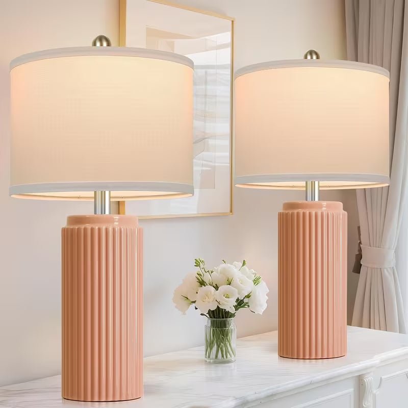 Set of 2 Ceramic Table Lamps with White Linen Shades – Vintage Rustic Bedside Lamps