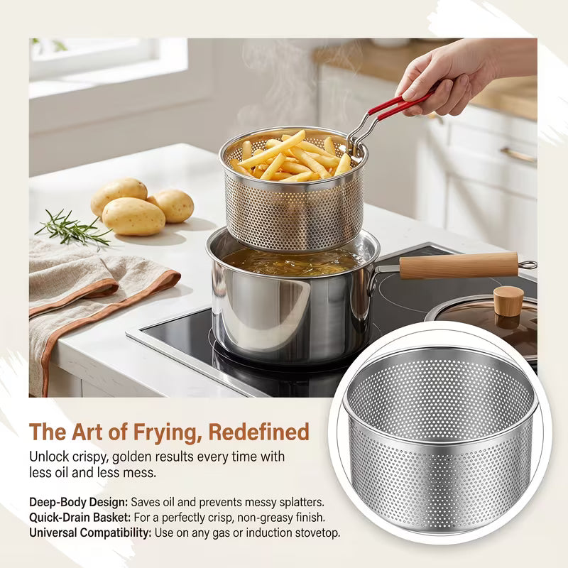 304 Stainless Steel Deep Fryer Pot with Frying Basket & Handle – Japanese-Style Frying Pan for Induction & Gas Stoves