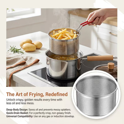 304 Stainless Steel Deep Fryer Pot with Frying Basket & Handle – Japanese-Style Frying Pan for Induction & Gas Stoves