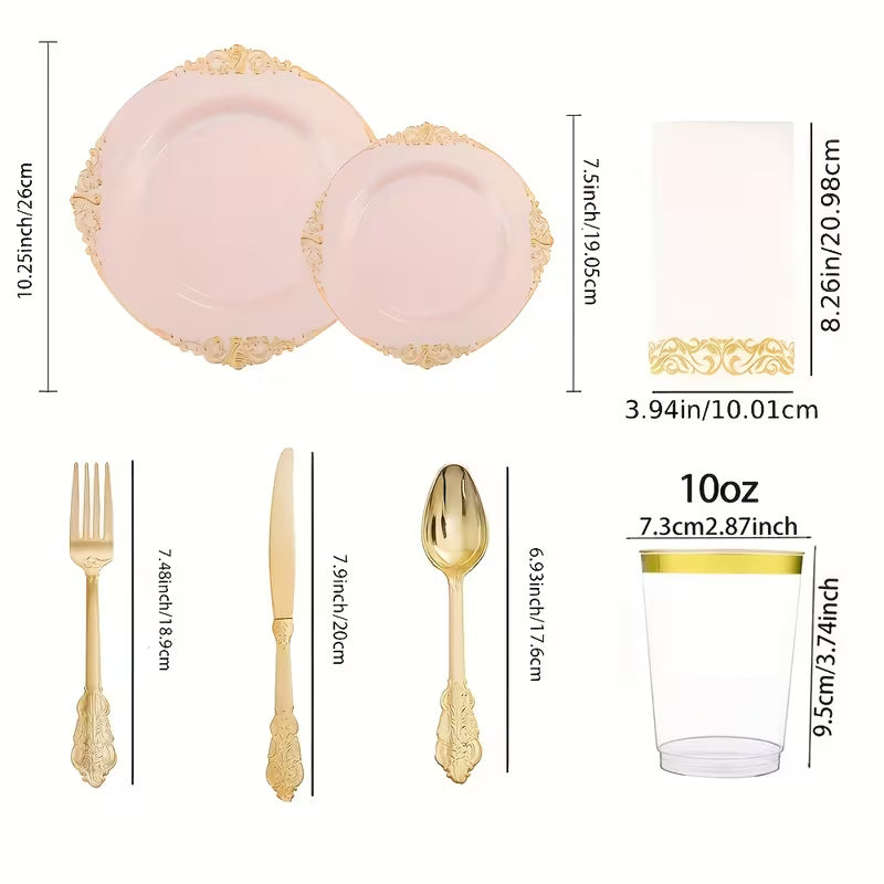 145-Piece Pink & Gold Floral Tableware Set for 20 Guests