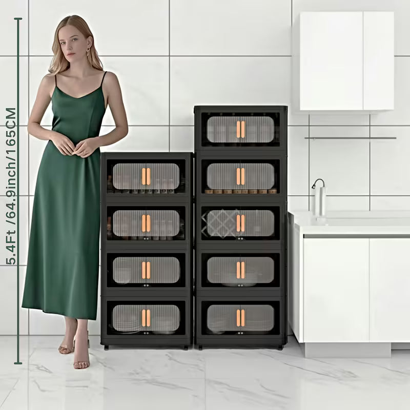 4-Tier / 5-Tier Collapsible Storage Organizer with Double Doors, Stackable Plastic Storage Cabinet on 360° Rotatable Lockable Wheels