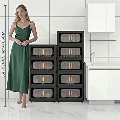 4-Tier / 5-Tier Collapsible Storage Organizer with Double Doors, Stackable Plastic Storage Cabinet on 360° Rotatable Lockable Wheels