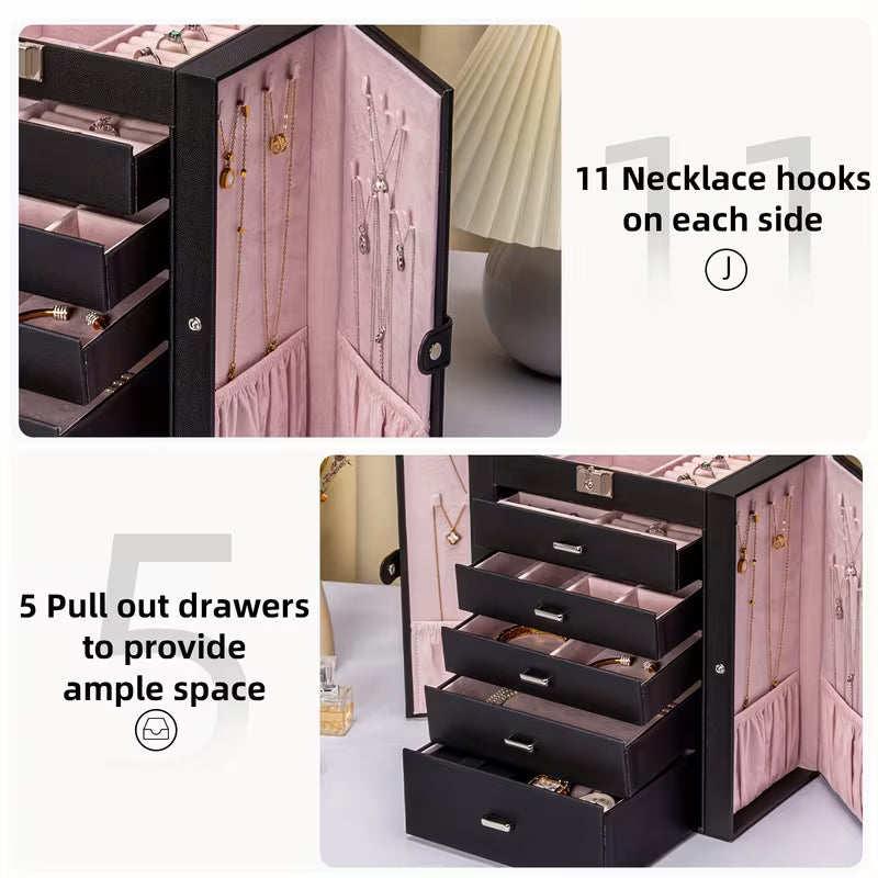 6-Tier Jewelry Box with 5 Drawers, Mirror & Lock