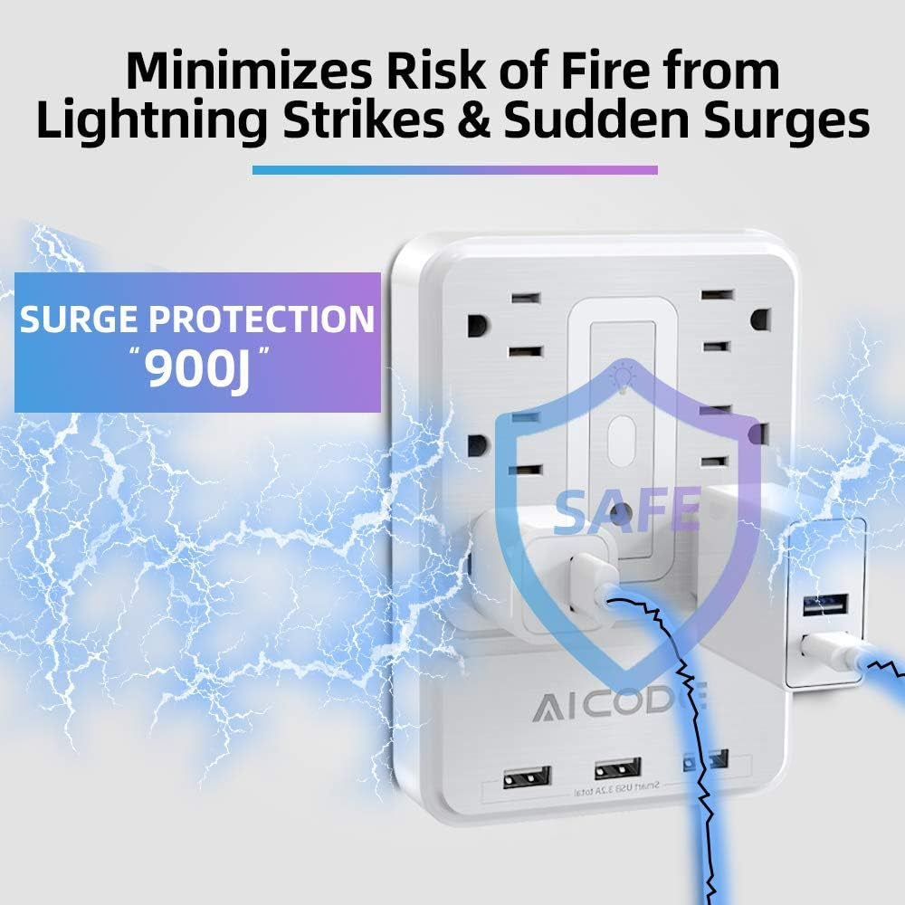 Outlet Extender with USB, Wall Outlet Splitter Night Light