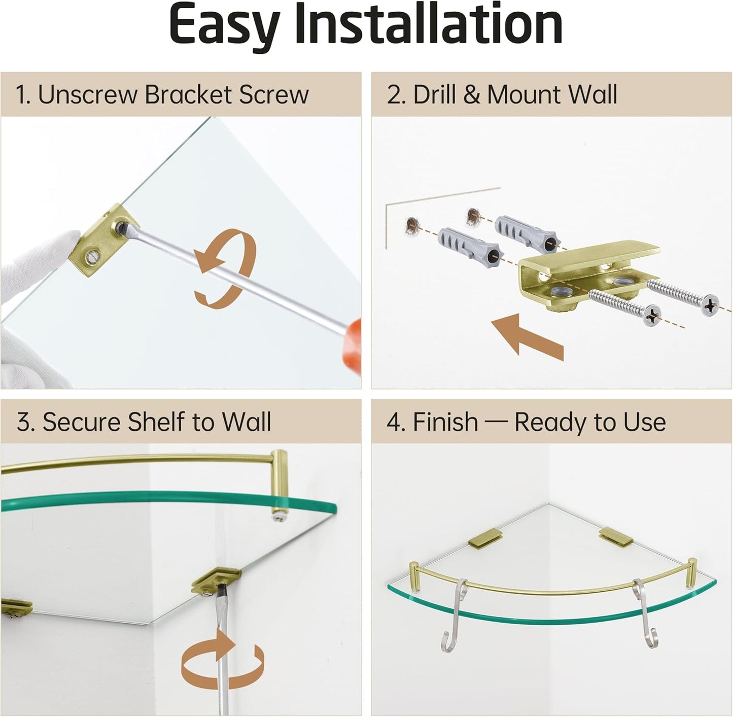 Glass Corner Shelf Bathroom Shelf Tempered Glass with Rail SUS 304 Stainless Steel Floating Wall Mount Bracket Brushed Gold, BGS2101A-BZ