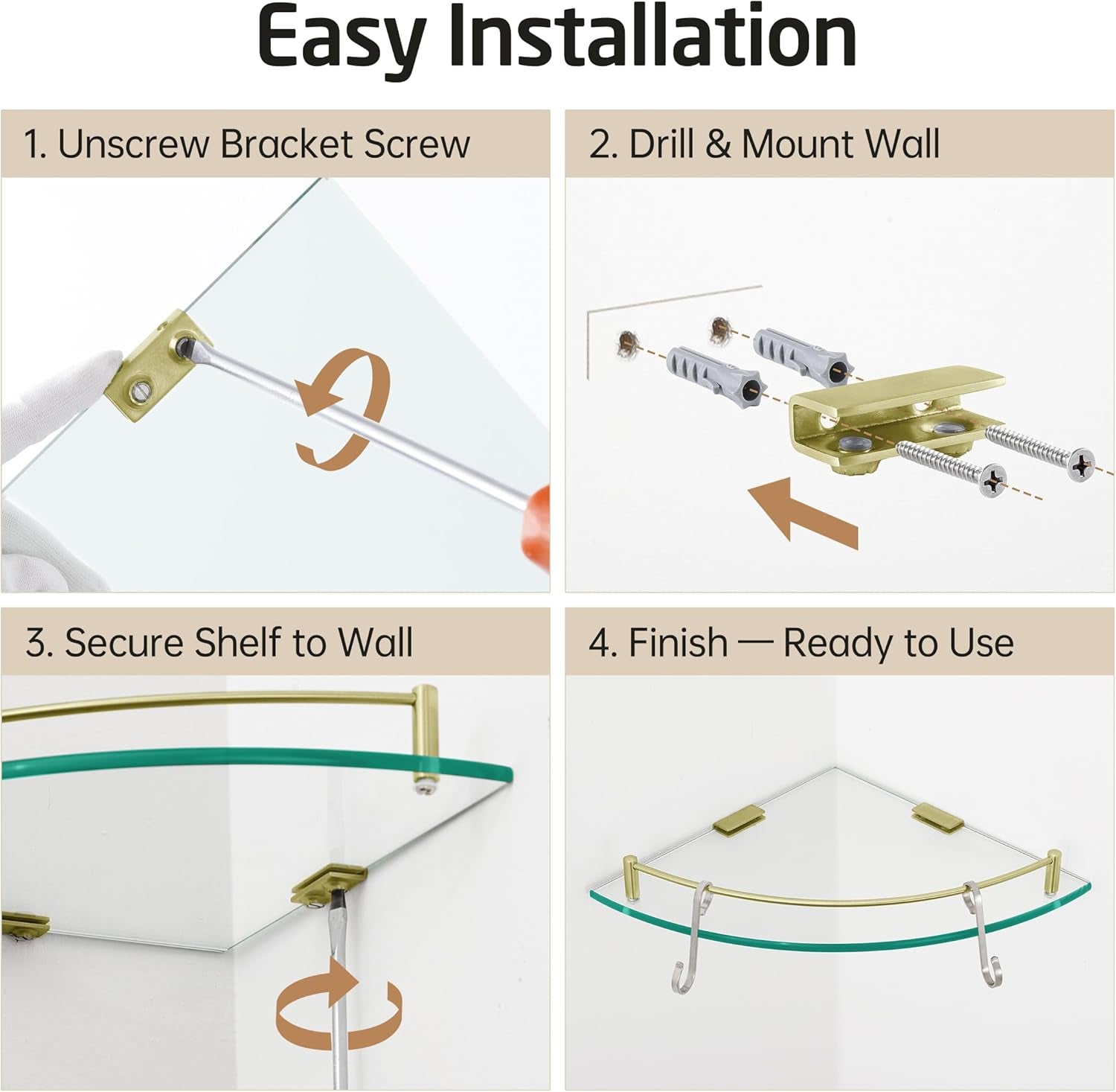 Glass Corner Shelf Bathroom Shelf Tempered Glass with Rail SUS 304 Stainless Steel Floating Wall Mount Bracket Brushed Gold, BGS2101A-BZ