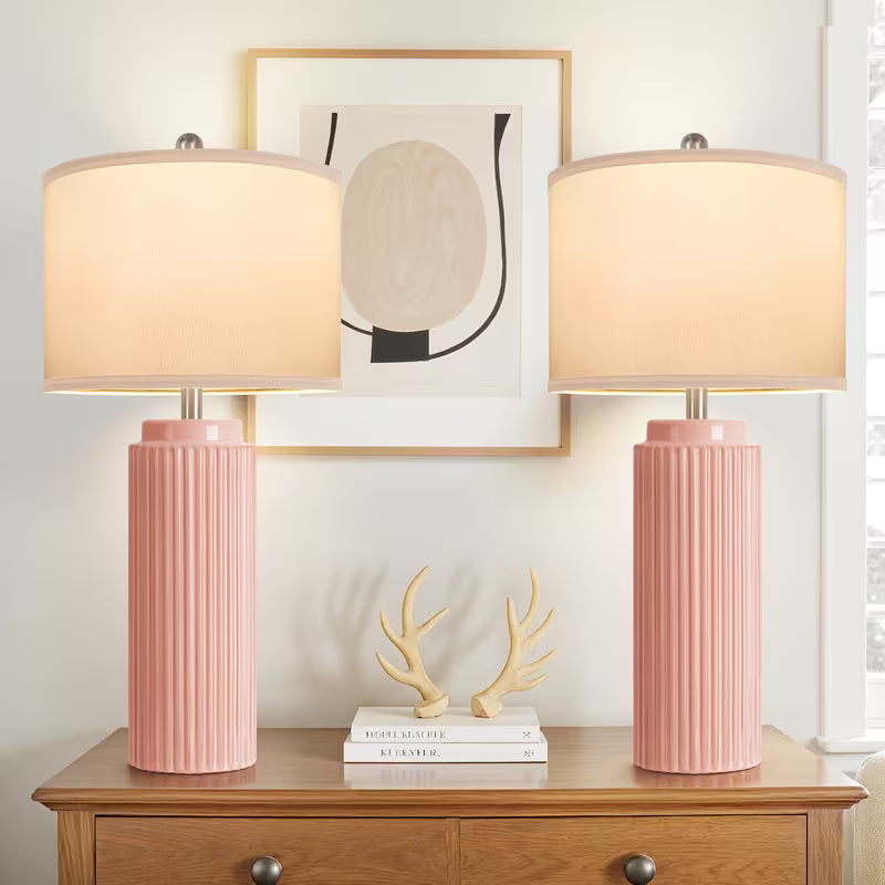 Set of 2 Ceramic Table Lamps with White Linen Shades – Vintage Rustic Bedside Lamps