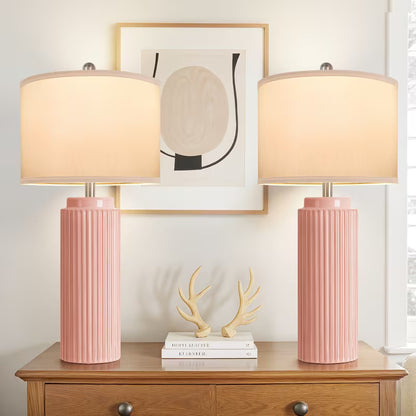 Set of 2 Ceramic Table Lamps with White Linen Shades – Vintage Rustic Bedside Lamps