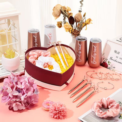 34-Piece Bridesmaid Proposal Gift Set, 5 Proposal Boxes, 6 Wine Tumblers, 6 Love Knot Bracelets, 6 Pens, 5 Bridesmaid Cards and Hair Ties, Elegant Rose Gold Wedding Party Gift Set