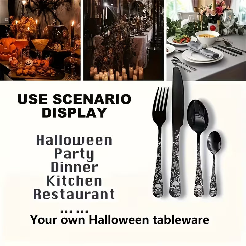 Gothic Skull & Rose Stainless Steel Flatware Set – 16/24-Piece Cutlery Service for 4 or 6