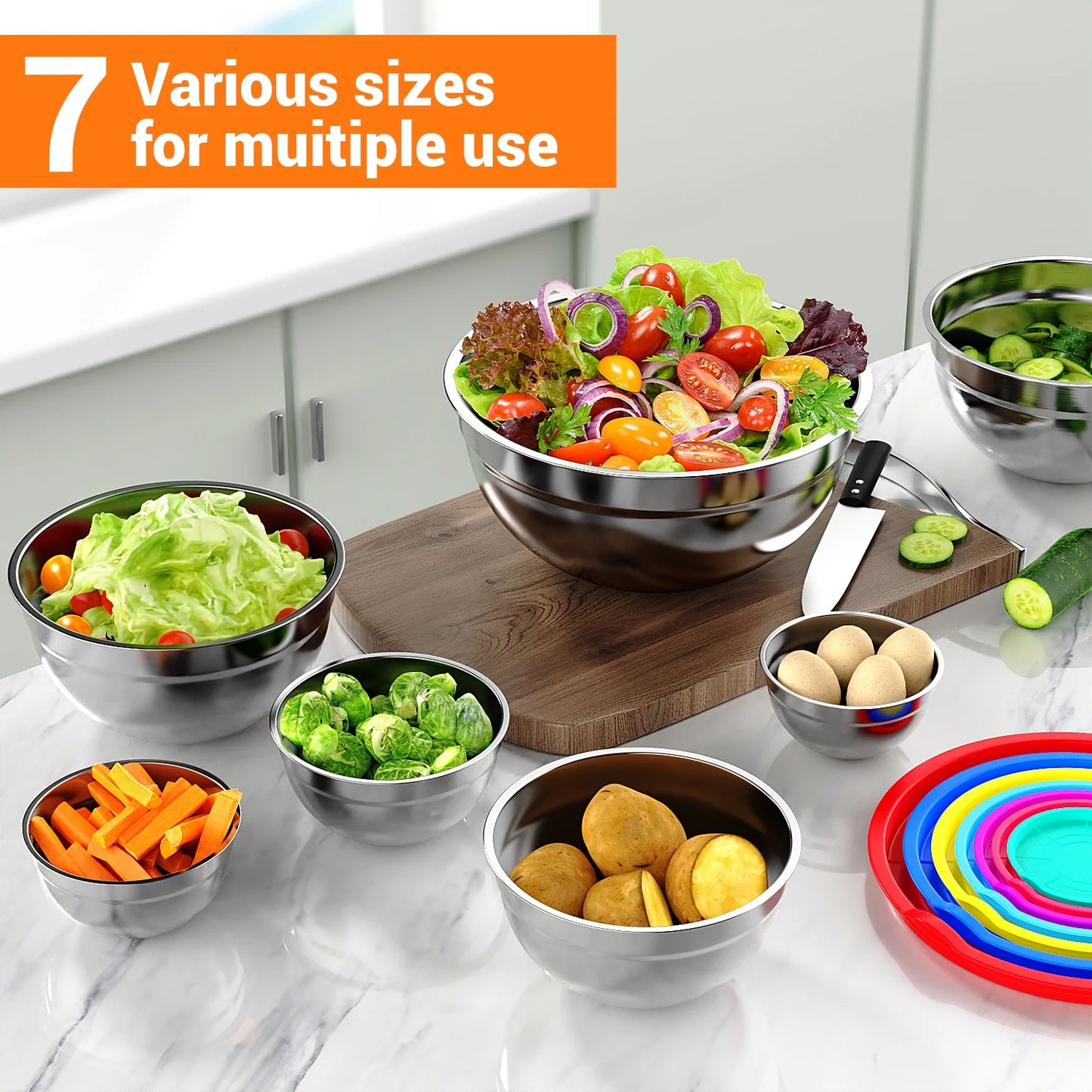 7 Pack Stainless Steel Mixing Bowls with Lids, Nesting Kitchen Prep and Food Storage Bowls Set, up to 7 Qt, Dishwasher Safe, Color