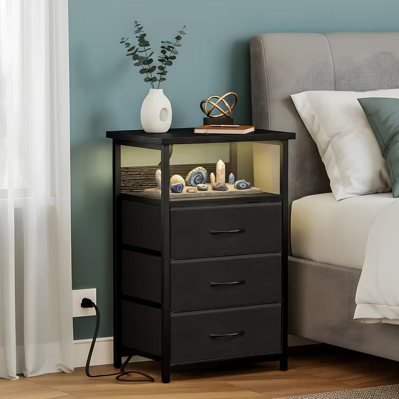 Nightstand with Charging Station, 3 Drawers & Storage Shelf