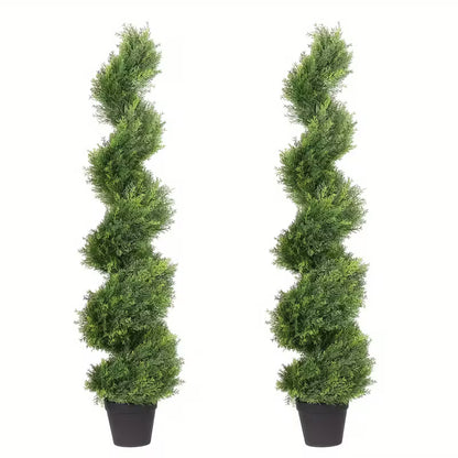 Set of 2 Artificial Boxwood Spiral Topiary Trees – Realistic Green Decorative Plants for Indoor & Outdoor Spaces