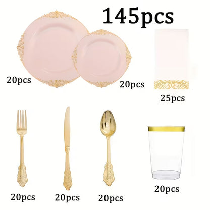 145-Piece Pink & Gold Floral Tableware Set for 20 Guests