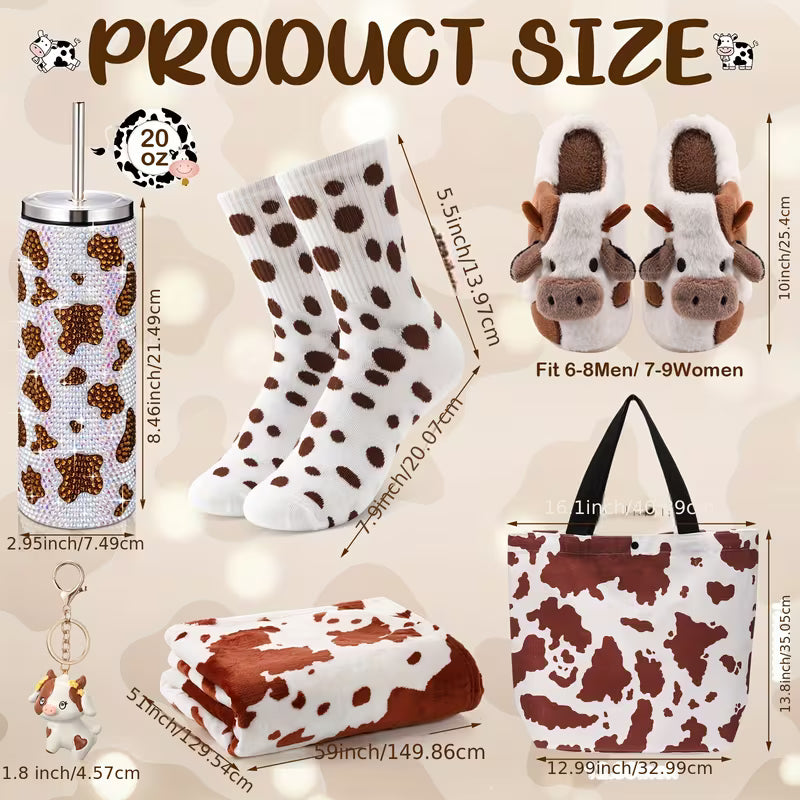 6-Piece Cow Themed Gift Set for Women, Cow Print Tumbler with Blanket, Socks, Slippers, Tote Bag and Keychain, Cute Farm Animal Gift Set for Birthdays, Holidays and Cow Lovers
