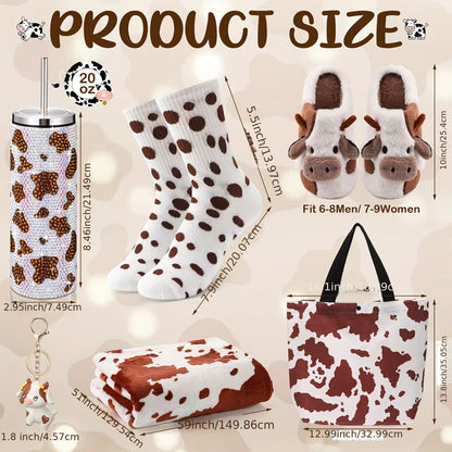 6-Piece Cow Themed Gift Set for Women, Cow Print Tumbler with Blanket, Socks, Slippers, Tote Bag and Keychain, Cute Farm Animal Gift Set for Birthdays, Holidays and Cow Lovers
