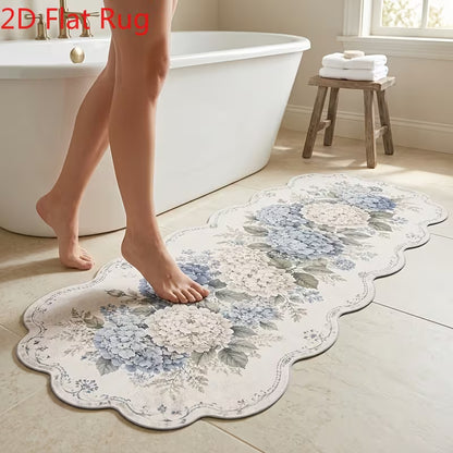 1-Piece Blue Hydrangea Floral Area Rug, Soft 2D Printed Machine-Washable Floor Mat for Bedroom, Hallway, Entryway & Home Décor